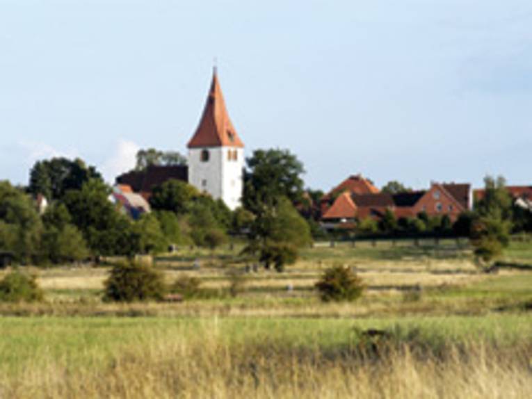 Blick über Wiesen auf die Marienkirche und Teile der Gemeinde Isernhagen