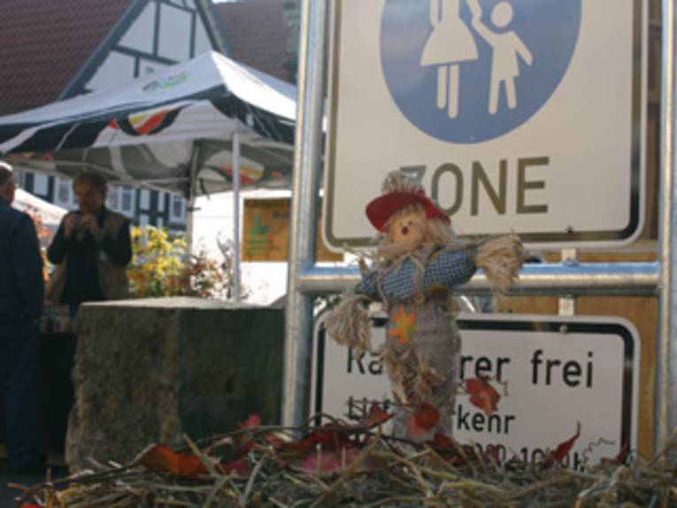 Eine Puppe vor einem Fußgängerzonen-Schild.