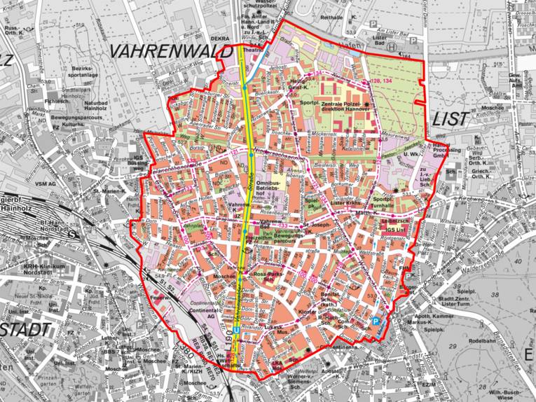 Karte, auf der ein Sicherheitsbereich eingezeichnet ist. 