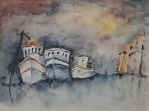 Gemälde eines Hafens mit zwei Schiffen