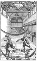 Das k&ouml;nigliche Ballspielhaus in Paris, 1632. Kupferstich aus dem Buch &bdquo;Le Jeu royal de la paume&ldquo; von Charles Hulpeau