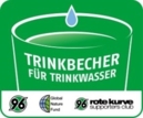 Ein Wassertropfen fällt in ein Glas mit der Aufrischt Trinkbecher für Trinkwasser. Darunter verschiedene Logos von Hannover 96 und Global Nture Fund.