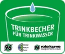 Ein Wassertropfen f&auml;llt in ein Glas mit der Aufrischt Trinkbecher f&uuml;r Trinkwasser. Darunter verschiedene Logos von Hannover 96 und Global Nture Fund.