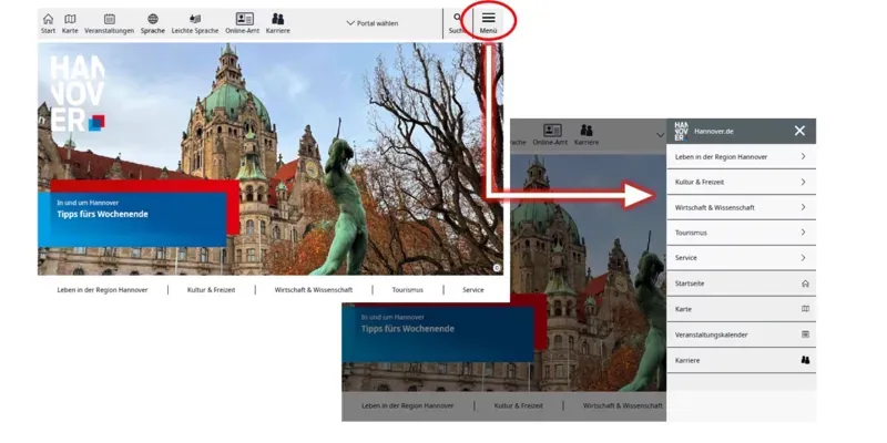 Screenshot mit der Seitennavigation von Hannover.de.