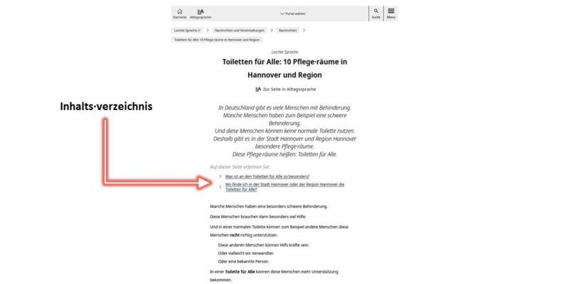 Inhaltsverzeichnis einer Artikelseite in Leichter Sprache