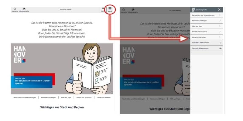 Screenshot mit der Seitennavigation im Leichte-Sprache-Portal