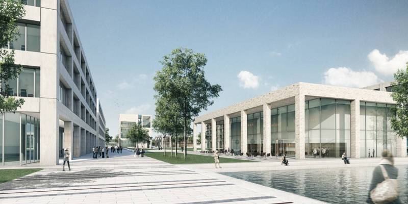 Siegerentwurf des geplanten Maschinenbau-Campus in Garbsen, Außenansicht mit Wasserfläche. 