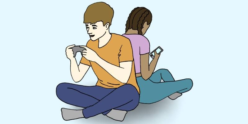 Zeichnung: Zwei Jugendliche sitzen Rücken an Rücken und schauen in ihre Smartphones.