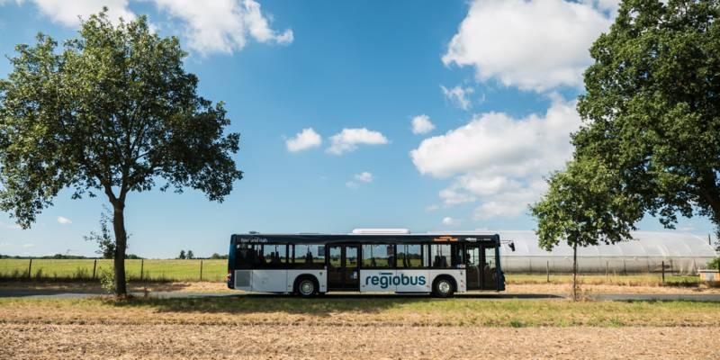 Ein Bus fährt durch eine sommerliche Landschaft