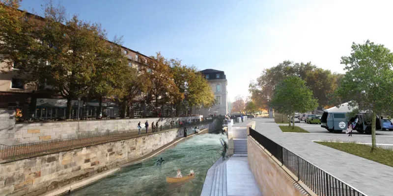Grafik, die Surfer in einem Fluss auf k&uuml;nstlich erzeugter Welle zeigt.