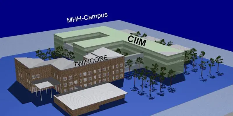3D Bild eines Geb&auml;udekomplexes mit den Bezeichnungen "MHH-Campus", "TWINCORE" und "CIIM"