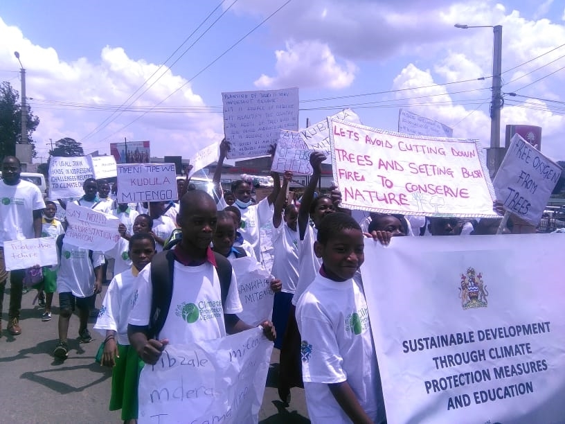 Ein große Gruppe Schüler*innen aus Blantyre mit selbstgestalteten Plakaten zum Thema Klimaschutz.