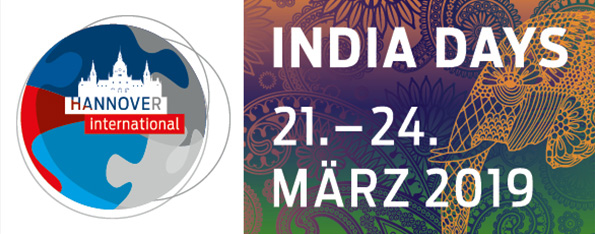 Wort-Bild-Marke: Links das Logo von Hannover-International mit dem stilisierten Rathaus; rechts der Schriftzug "India Days - 21. bis 24. März 2019" vor buntem Hintergrund.