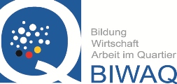 Das Logo besteht aus einem großen Q auf blauem Untergrund, daneben die Erläuterung der Abkürzung BIWAQ: Bildung Wirtschaft Arbeit im Quartier